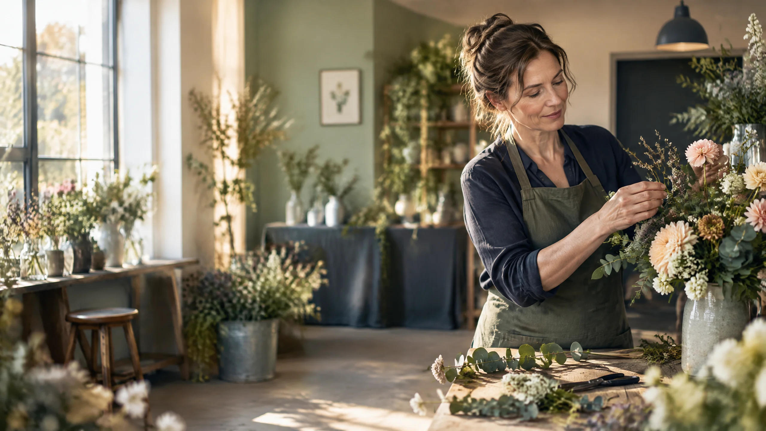 Floristin gestaltet am Nachmittag konzentriert ein Blumenarrangement in ihrem hellen Atelier.