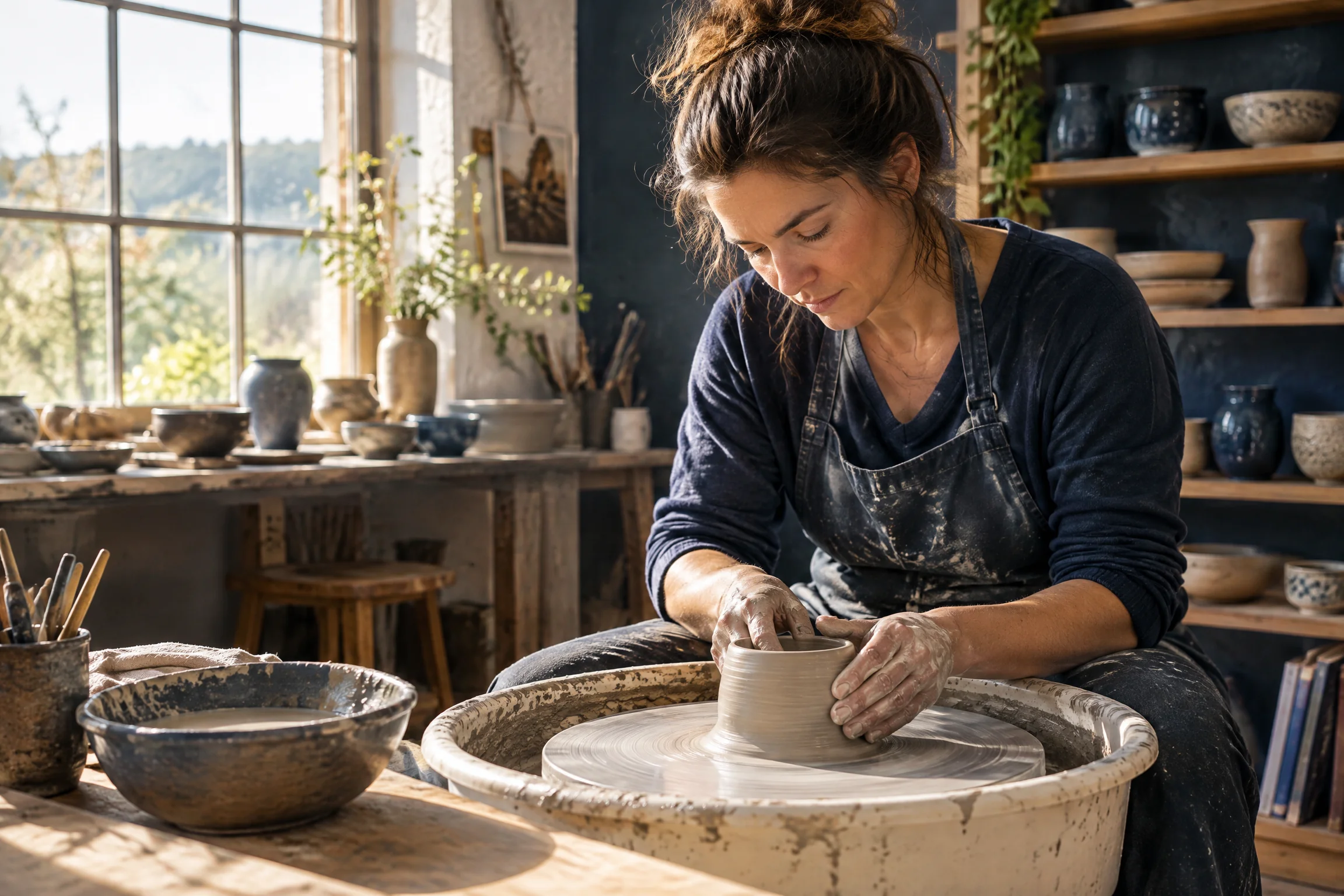 Selbstständige arbeitet konzentriert an einem kreativen Projekt in ihrem hellen Atelier.