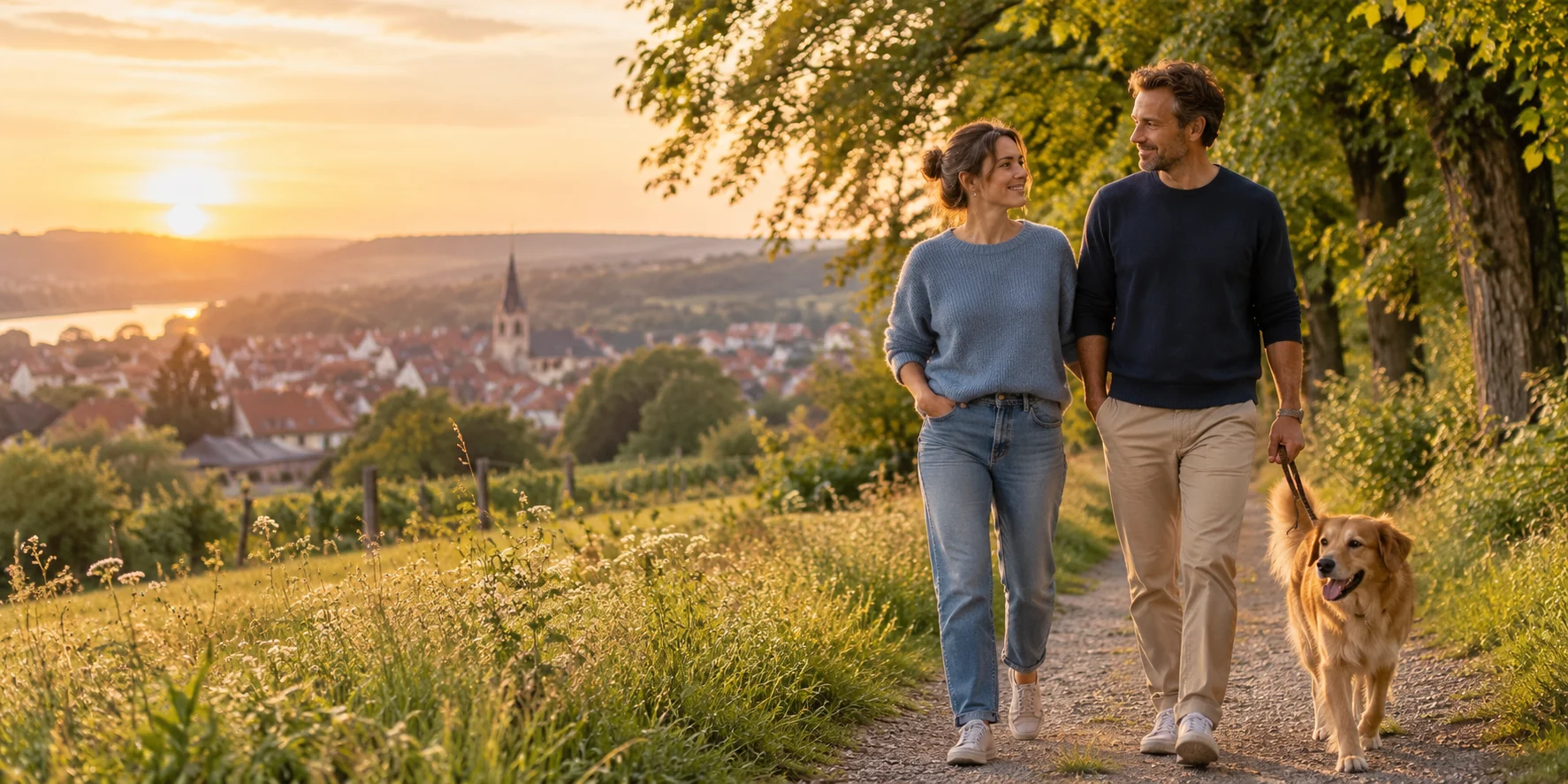 Paar genießt mit seinem Hund einen entspannten Spaziergang bei Sonnenuntergang