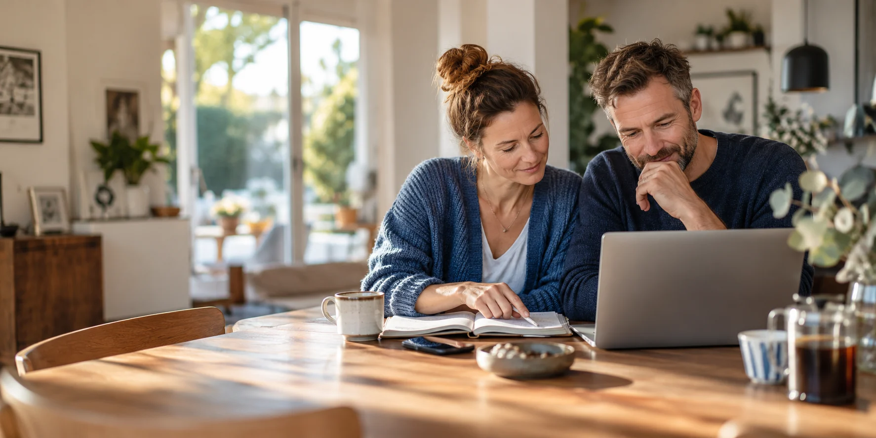 Paar bespricht zuhause gemeinsam Unterlagen und ein Notebook