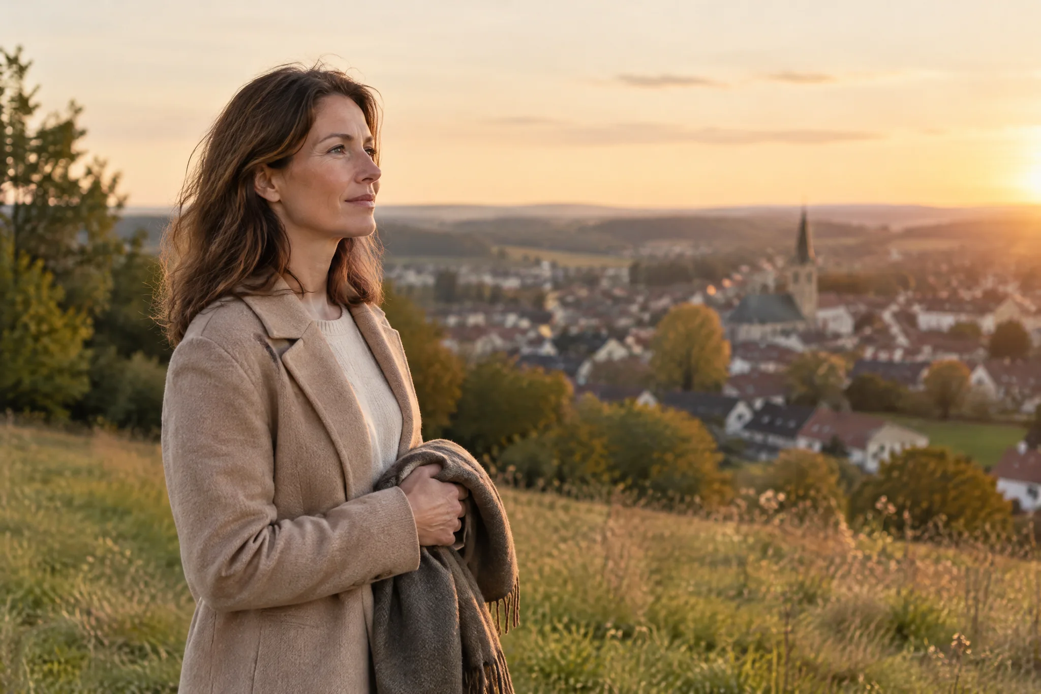 Frau blickt bei Sonnenuntergang über eine Stadtlandschaft