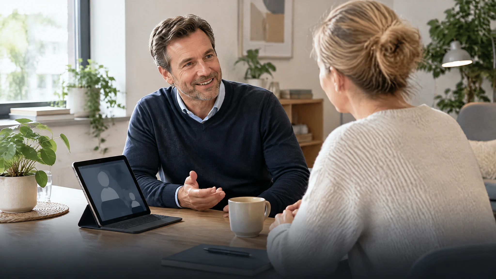 Persönliche Beratung an einem Tisch mit Tablet für eine digitale Besprechung