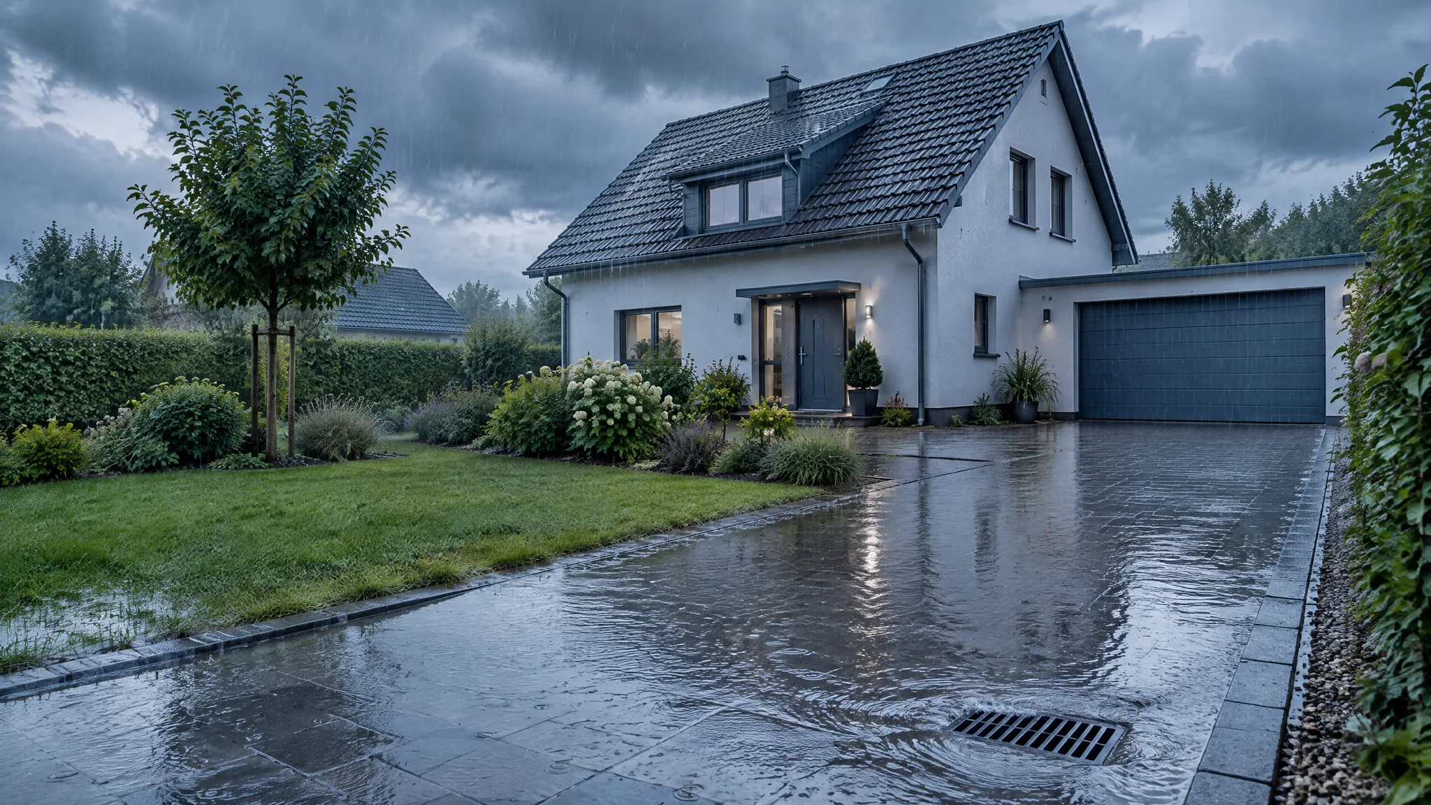 KI-generiertes Einfamilienhaus bei Starkregen mit sichtbar abfließendem Oberflächenwasser