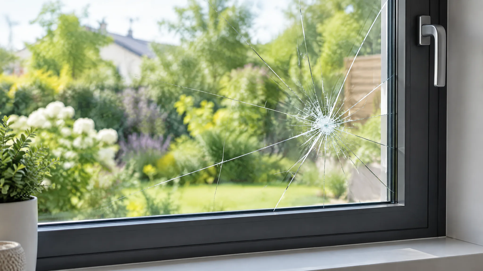KI-generierte Nahaufnahme einer gerissenen Fensterscheibe