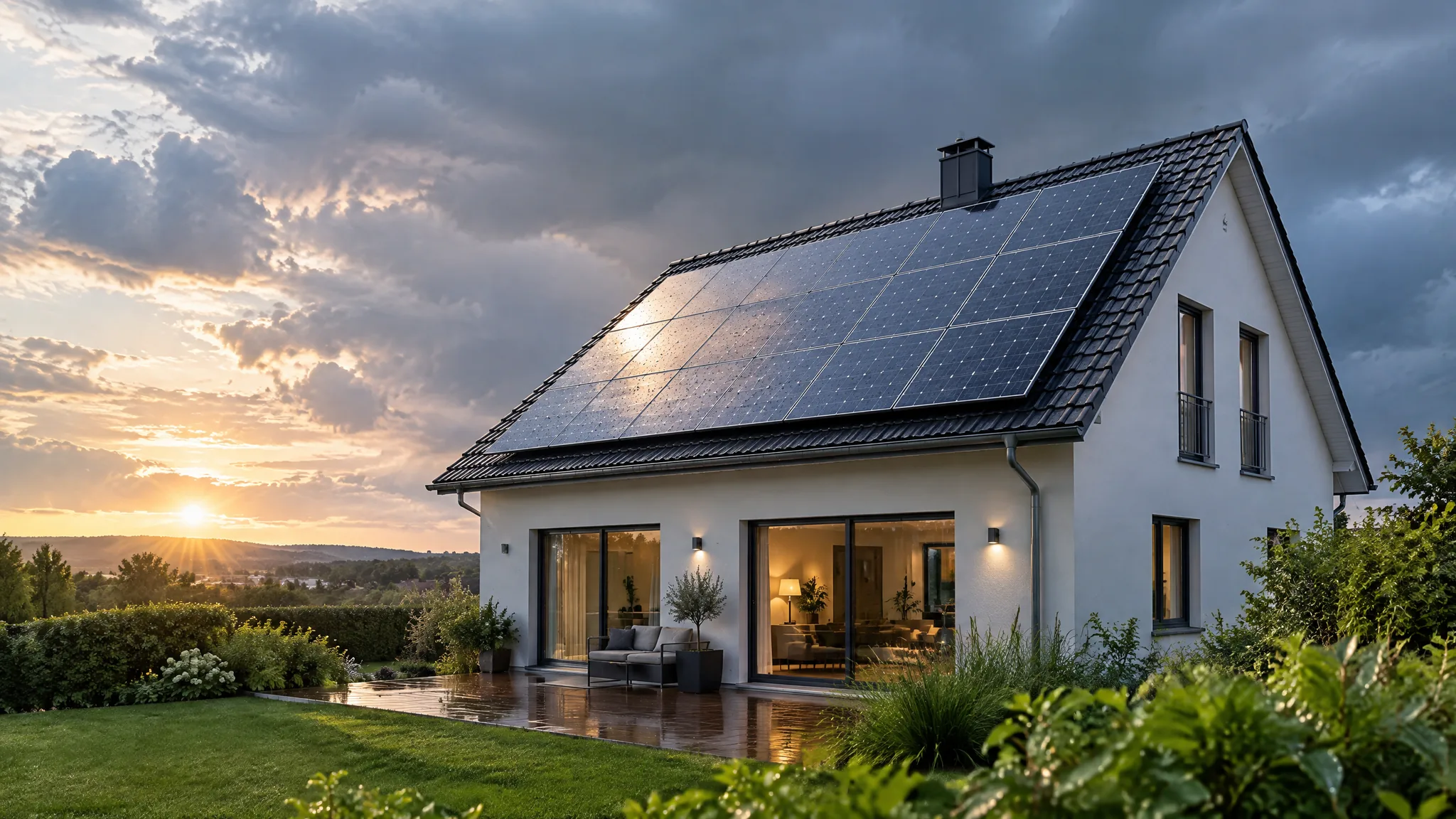 KI-generiertes Wohnhaus mit Photovoltaikanlage nach einem Sommerregen